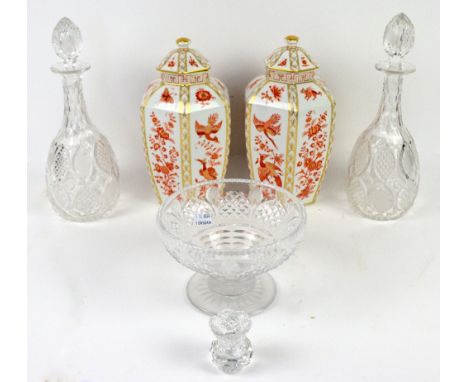 Pair of Dresden vases and covers of hexagonal section decorated in iron red and gilt, pair of cut glass decanters and stopper