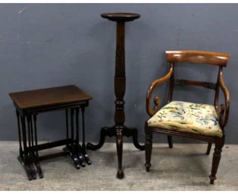 Mahogany touchier on tripod base, together with a nest of three tables and an armchair. (3)