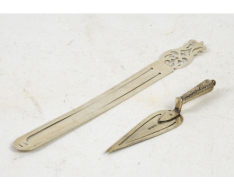 Two silver bookmarks the trowel form with bright cut handle, Birmingham 1901 and larger one with import marks