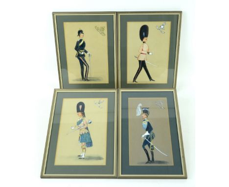 Four gouache studies of army officers in dress uniform, one signed G Brenan, each approximately 30.5cm x 19.5cm,