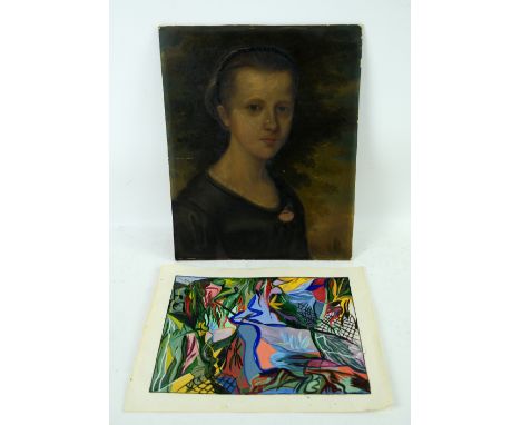 Oil portrait of a young woman and an abstract watercolour signed K Collins (2)