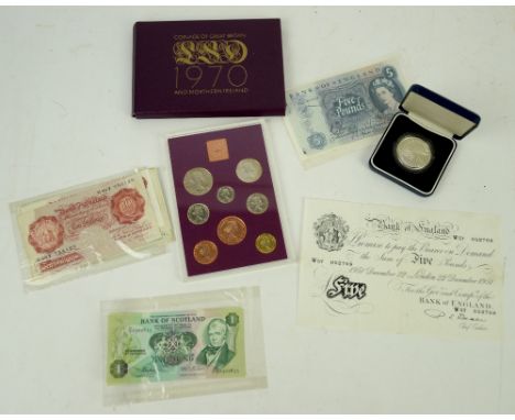 A coin and bank note collection comprising a British proof coin set 1970, a silver proof Falklands Liberation crown 1982 case