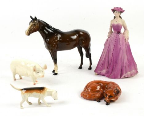 Beswick pig 'C.H. Wall Queen', horse, hunting hound and recumbent fox, together with a Coalport figure 'Evening Promenade' mo