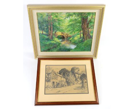 Alison M Dickens, the little bridge, acrylic on board,  three watercolours and a sketch (5 in lot)