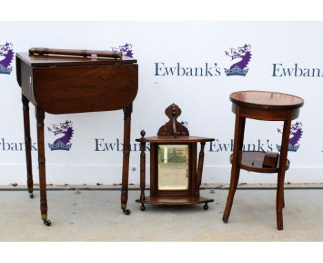 19th century mahogany work table and a two tiered table and a corner shelf