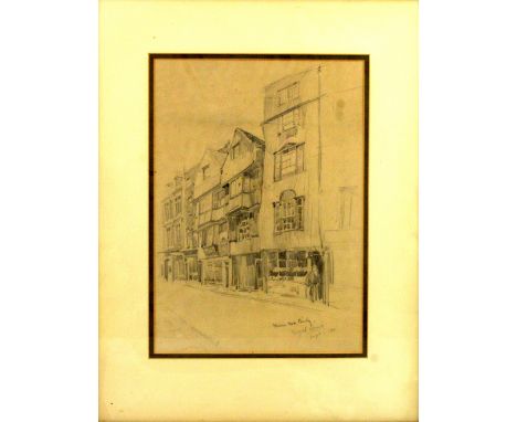 Pencil sketch of Wych Street, London dated Sept 1901, a middle eastern scene print after David Roberts, watercolour of an alp