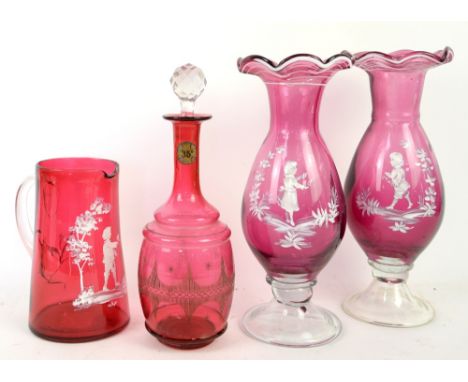 Pair of Mary Gregory style ruby glass vases, 30cm, similar jug, 19cm and a ruby glass decanter 30cm 