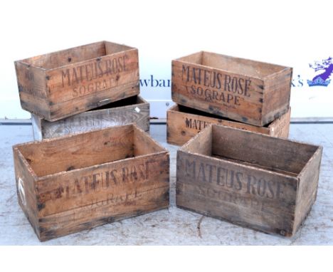 Six vintage Mateus Rose Sogrape wine crate boxes, all imprinted to sides, two largest both measuring 52cm x 33cm x 26cm