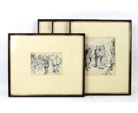 Four pen and ink political illustrations, possibly for Punch Magazine, and two hunting prints Being sold on behalf of Debra C