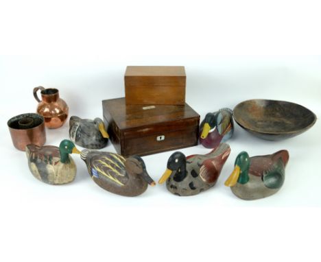 Six carved wooden ducks, boxes and metalware (one shelf)