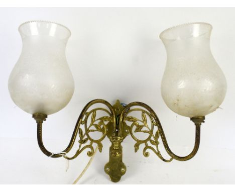 A brass wall light, with etched glass shades, a group of studio pottery and other items 