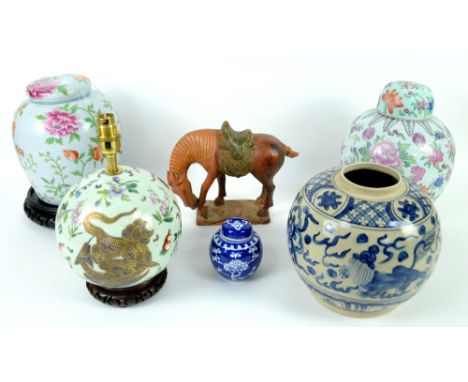 Quantity of oriental ceramics and enamelware to include Tang style horse and ginger jars (one shelf)