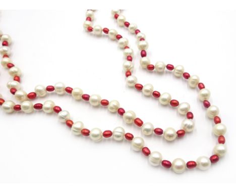 Long red and white freshwater pearl necklace, 156cm