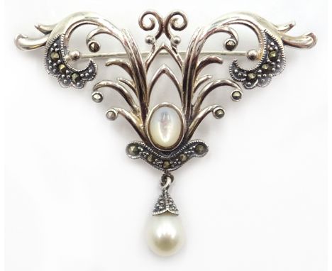 Silver pearl and marcasite brooch, stamped 925