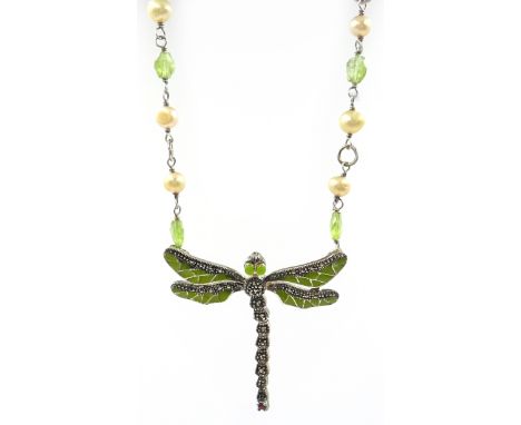 Silver peridot, pearl, marcasite and enamel dragon fly necklace, stamped 925