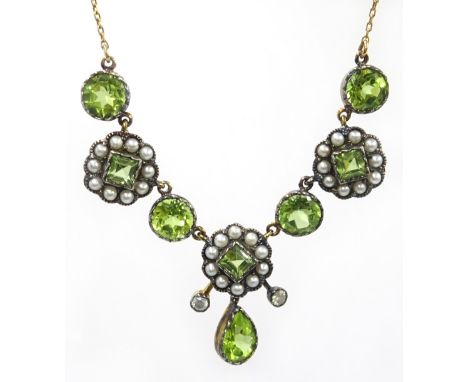 Peridot, seed pearl and diamond gold and silver-gilt necklace stamped 375
