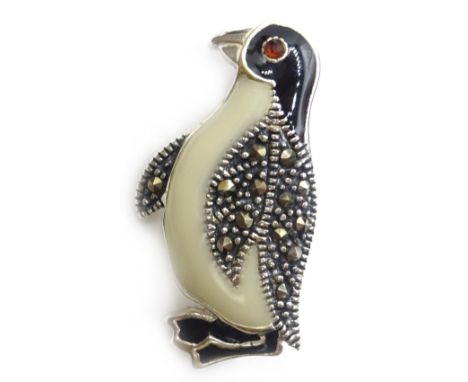 Silver enamel and marcasite penguin brooch, stamped 925