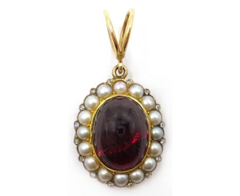 Early Victorian gold cabochon garnet, split pearl and diamond set mourning pendant, 2.8cm