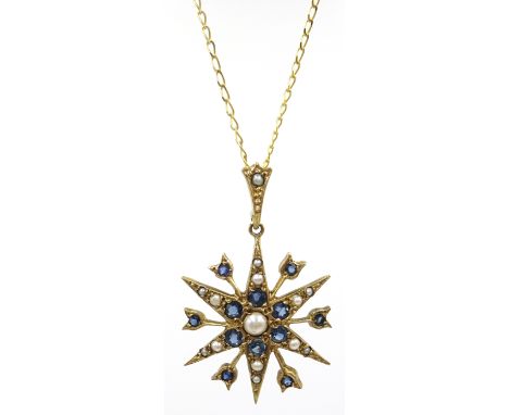 9ct gold sapphire and seed pearl star shaped pendant necklace hallmarked 9ct Condition Report Click here for further images, 