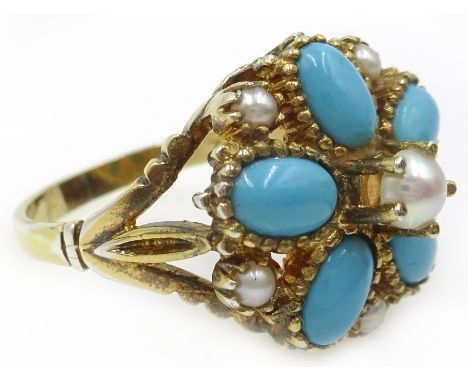 Silver-gilt turquoise and pearl ring, stamped SIL