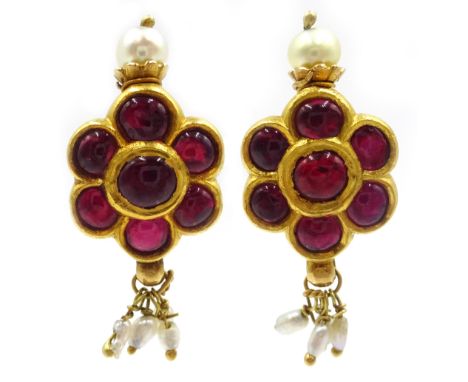 Pair of 18ct gold (tested) ruby and pearl screw back cluster ear-rings Condition Report Pendant length = 2.5cm, approx 5.7gm