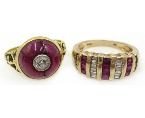 18ct gold amethyst and diamond shield ring and a 9ct gold ruby and diamond baguette ring, both hallmarked Condition Report Sh