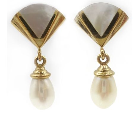 Pair of 9ct gold pearl and mother of pearl pendant ear-rings, hallmarked Condition Report Approx 5.3gm, length = 2.5cm