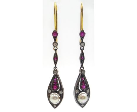 Pair of ruby, pearl and diamond pendant ear-rings Condition Report Pendant are set in silver-gilt. The hook wire is 9ct gold.