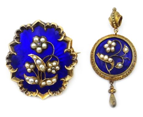 Victorian blue enamel split pearl and diamond forget-me-not  brooch, raised floral boss on blue guilloche enamel ground and  