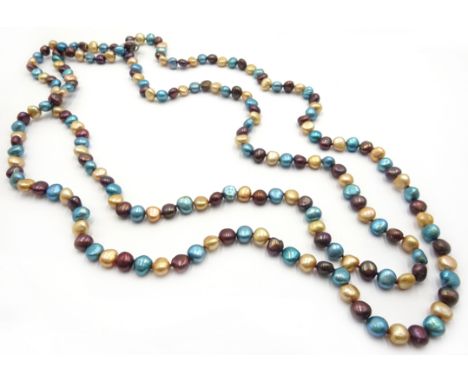 Long blue, brown and champagne colour pearl necklace, with silver clasp stamped 925,150cm