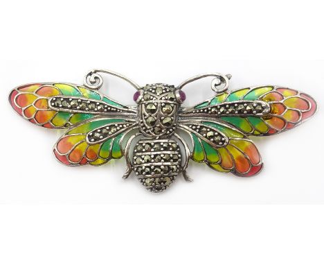 Silver plique-a-jour, marcasite and enamel insect brooch, stamped 925