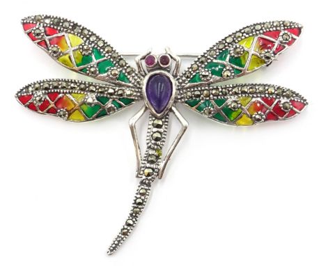 Silver plique-a-jour, marcasite and enamel dragonfly brooch, stamped 925