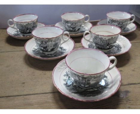 A set of six English porcelain cups and saucers, decorated in the Rural pattern with lustre bands