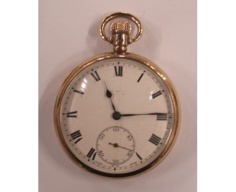 A Dennison 9ct gold cased open face pocket watch, crack to dial, weight 71.2g all in