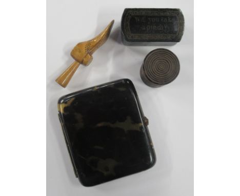 A faux tortoiseshell cigarette case, together with a treen shoe, a counter box and a snuff box