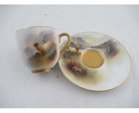 A Royal Worcester coffee cup and saucer decorated with cattle by H Stinton together with a coffee cup and saucer by Ernest Ba