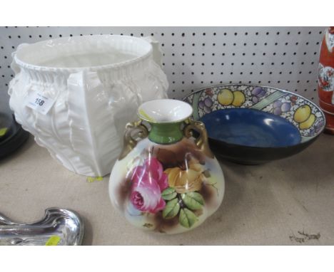 A Royal Worcester white leaf mould jardiniere, height 7ins, together with a Royal Worcester bowl and a vase decorated with ro