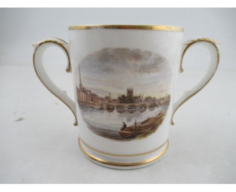 A Graingers Worcester two handled mug, decorated with a view of the Severn looking south towards the Cathedral, height 4.5ins
