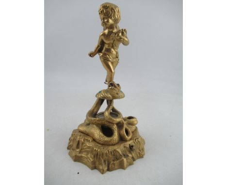 Ben W Hawkins, Published Feb 5th 1850, A gilt metal novelty compass, modelled as a cherub standing on a snake, to a rocky bas
