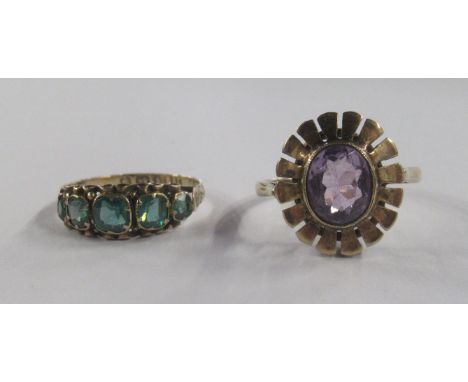 A 12ct gold green five stone ring, together with a 9ct gold ring, set with a pale amethyst
