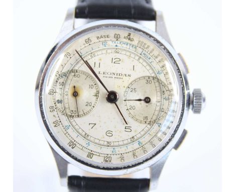 A steel Leonidas manual wind military chronograph wristwatch, having round cream dial and sub dials at 3 and 9, fitted to a b