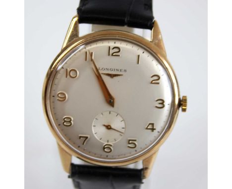 A gent's Longines 9ct gold cased wristwatch, having a signed silvered Arabic dial with subsidiary seconds dial, cal.370, manu