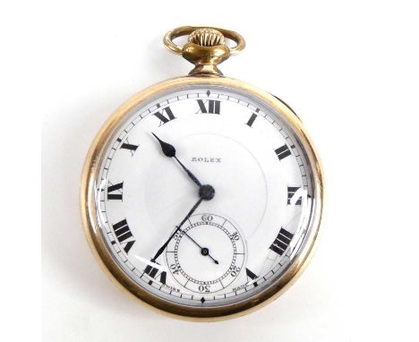 A Rolex gold plated keyless open-face pocket watch, with round white Roman dial having blued steel hands and sub-dial at 6, c
