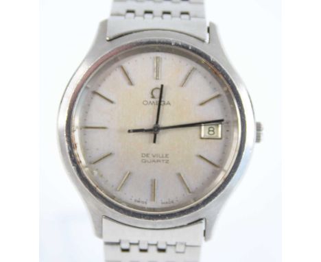 A steel Omega DeVille quartz wristwatch, with round silver baton dial and date at 3, fitted to a bar link bracelet with Omega