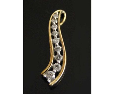 A yellow metal diamond curved bar pendant, comprising nine graduated round brilliant cut diamonds in channel settings, with c
