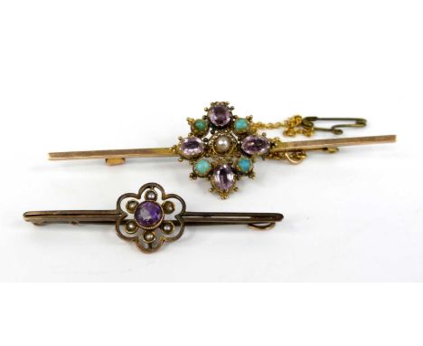 Two yellow metal bar brooches, the first designed as an amethyst, turquoise and pearl quatrefoil cluster with four 5.65 x 4.1