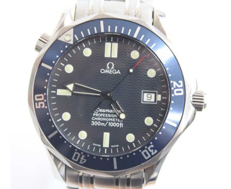 A stainless steel Omega Seamaster Professional chronometer automatic wrist watch, the round blue textured dial with luminous 