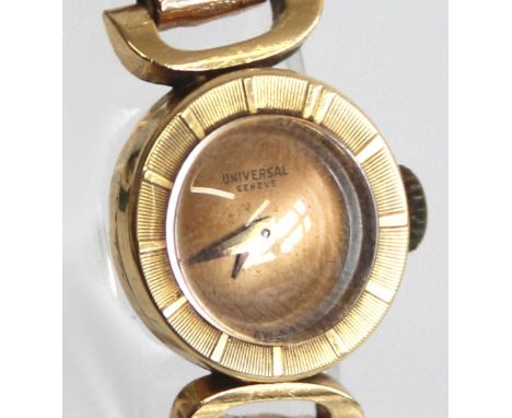 A Universal of Geneve lady's 18ct gold cased wristwatch, having signed gilded dial, manual wind movement, case dia.16mm, on 9