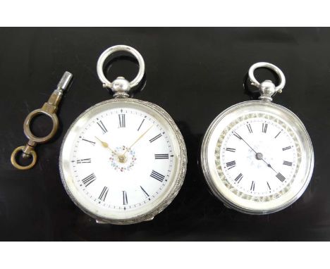 Two open-faced pocket watches, being a white metal keywind pocket watch with round white Roman dial with faded pattern to the