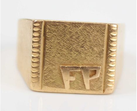 A French 18ct gold gent's signet ring, the textured square top with carved initials FP, with eagle head mark, 13.5g, size V